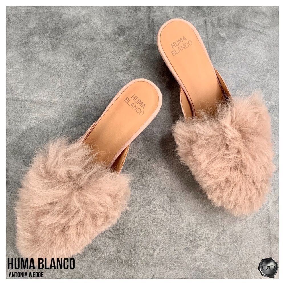 ANTHROPOLOGIE HUMA BLANCO ANTONIA WEDGE MULE SANDAL IN ROSE PINK ALPACA FUR TRIM